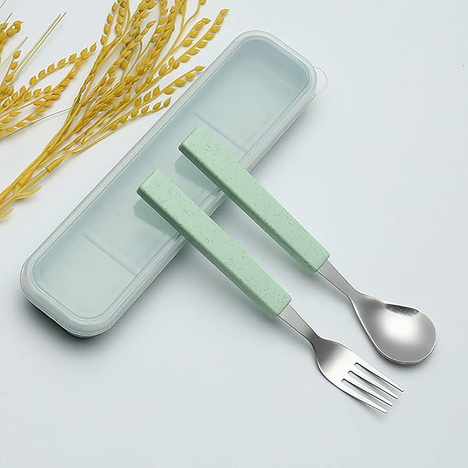 VANRA 2-Piece Children Flatware Set 18/10 Stainless Steel Child Tableware Set Silver Cutlery Set Silverware Dinner Utensils Spoon Fork Set with Travel Case for Kids (Chrome Finished) (Green)