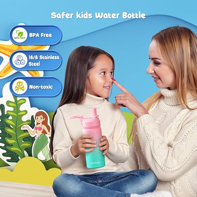 Kids Water Bottle, 2-Pack 16oz Kids Water Bottle with Stickers for School, insulated Stainless Steel Straw Cup(Pink+Blue)