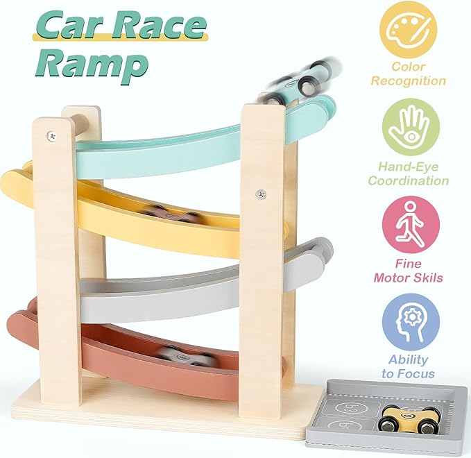 Vanplay Car Ramp Toys for One Year Old Boy Birthday Gifts, Wooden Montessori Toys for 1 2 Year Old, Race Track Truck Toy with 4 Mini Cars, First Christmas Birthday Gifts for Toddlers 1-3-2-4