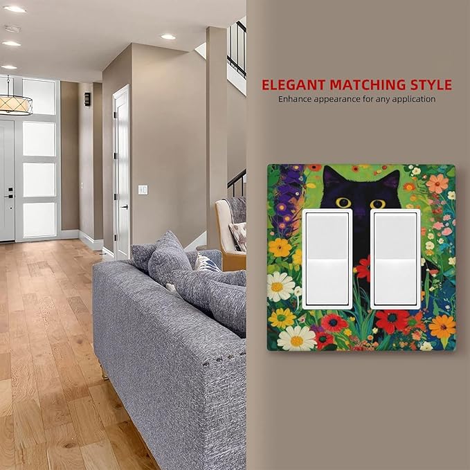 Decorative Art Light Switch Covers BlackCat&Flowers Walk 2 Gang Dual Rocker Outlet Switch plate Faceplate GFCI for Home Decor