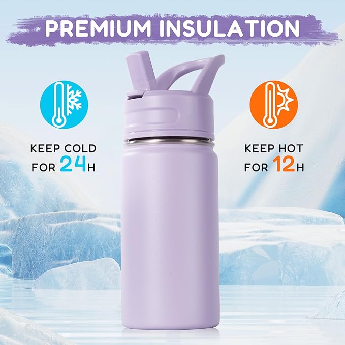 Fijinhom 12oz Water Bottle with Straws, Stainless Steel Vacuum Insulated Water Bottle Leak-Proof, BPA-Free, Purple + Pink