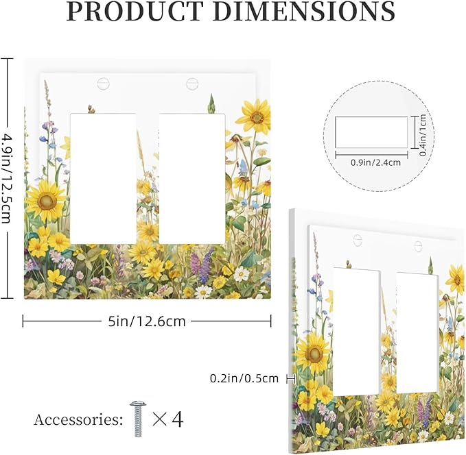 Wildflowers Sunflower Lavender Daisy Floral Decorative Outlet Covers 2 Gang Double GFCI Rocker Electrical Wall Panels Light Switch Cover Plate for Bedroom Living Room Decor