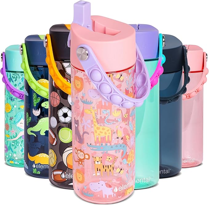 Elemental Water Bottles for Kids - Splash Kids Water Bottle for School with Pop-it Handle - BPA Free Tritan Plastic Water Bottle with Straw Leak Proof when Spout is Closed -Pink Safari - 18oz