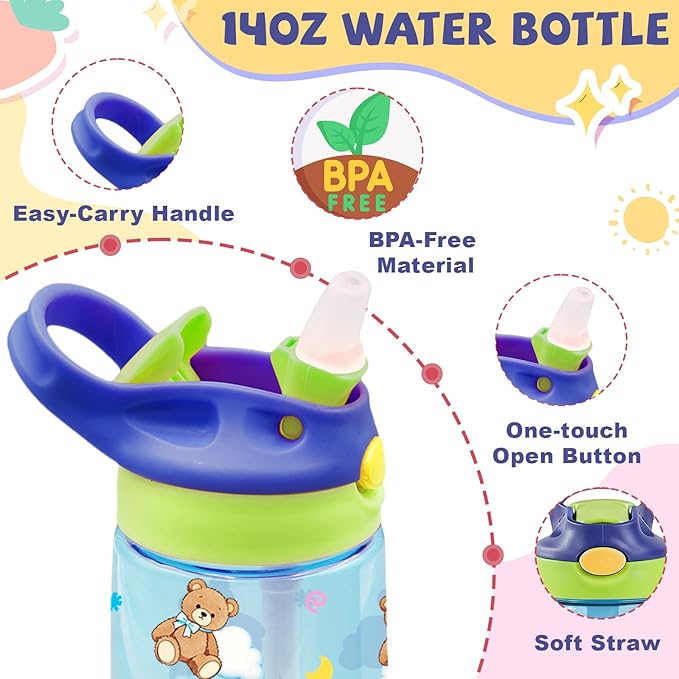 14oz Bear Kids Water Bottle with Straw - Bears Clouds Water Bottle For School, Leakproof, Lightweight, Durable Plastic Bottles for Kids Travel, Pop-Up Straw Cover, Gift Cup for Girls (Bear)