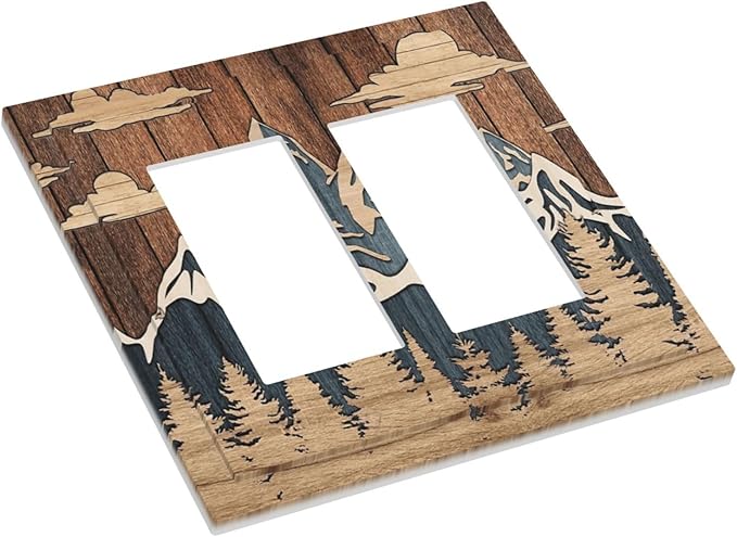Blue Mountain Range Forest Nature Wilderness Wood Texture Decorative Outlet Covers 2 Gang Double GFCI Rocker Electrical Wall Panels Light Switch Cover Plate for Farmhouse Home Decor