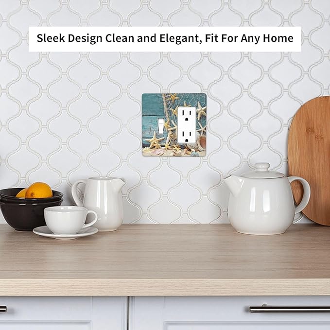 Nautical Beach Starfish Teal Wood 2 Gang Single Toggle/Rocker Combination Light Switch Cover Decorative Wall Plate Cover Electrical Faceplate Art Oil Painting Decor