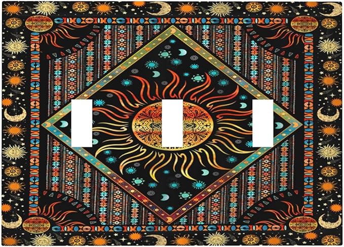 Light Switch Cover Boho Burning Sun Hippie Retro Bohemian Gypsy 3 Gang Wall Plate Triple Light Switch Plate Toggle Decorative Outlet Covers Electrical Switchplate for Bathroom Home Decor