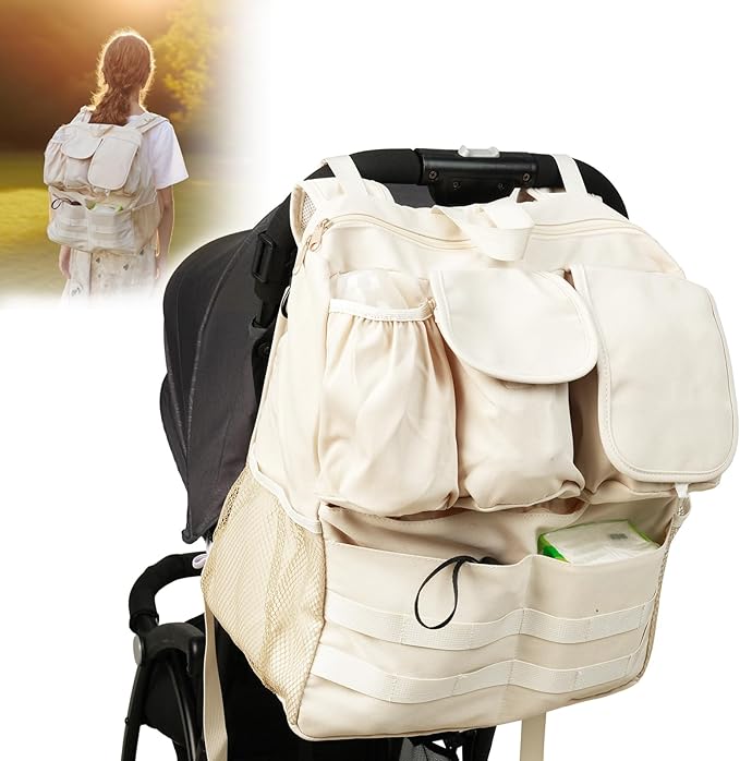 2-in-1 Stroller Organizer Baby Diaper Bag Backpack,Insulated Bottle Holder,Wipes and Phone Pocket,Shoulder Strap Toddler Travel Essential Storage Universal Stroller Accessory (Beige)