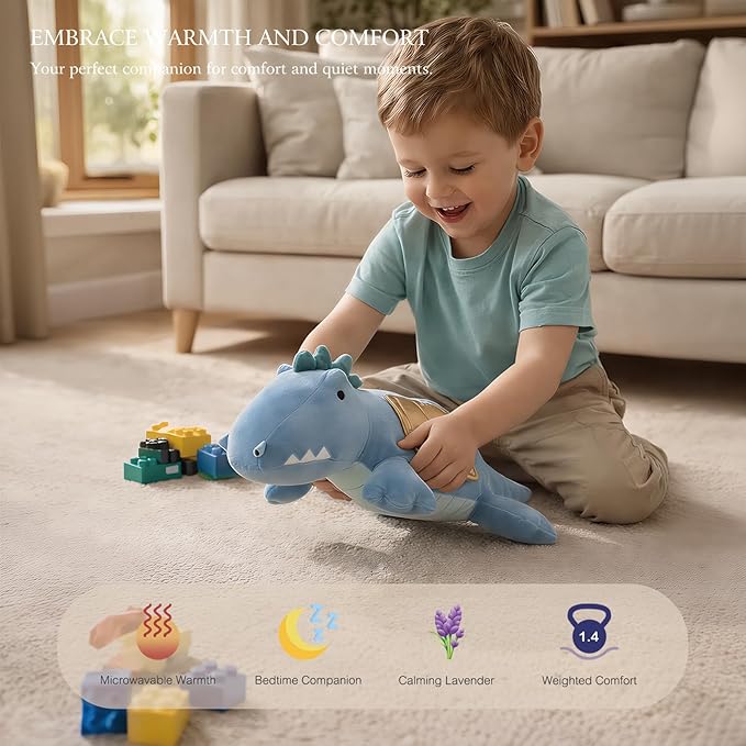 KOWSI® Microwavable Heating Pad Blue Winged Dragon Plush - 1.4 Lb Weighted Stuffed Animal Toy with Tourmaline Beads & Lavender - 16" Squished Long Dinosaur Pillow - Lumbar Back Cushion Lasting Warmth