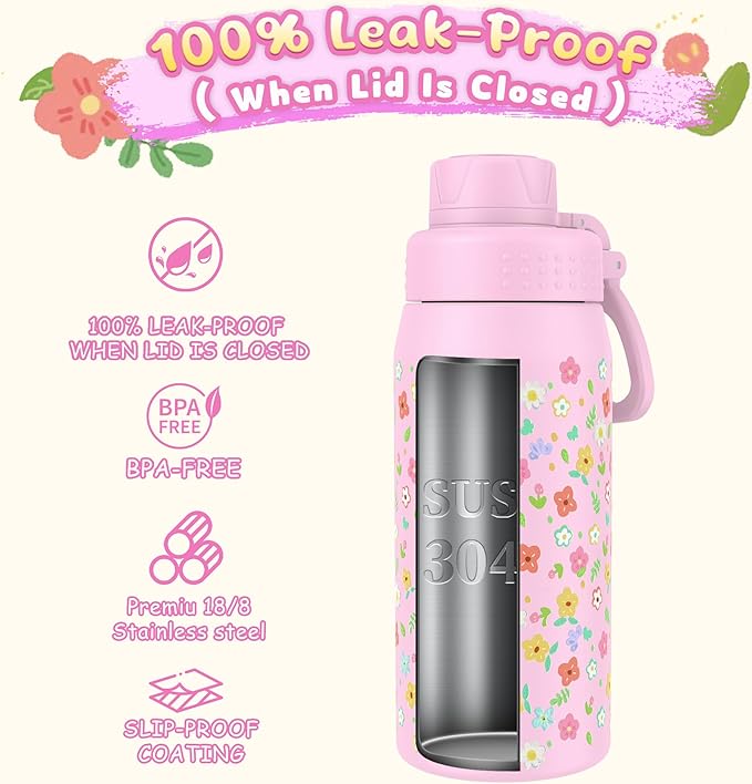 GOPPUS 19oz Kids Water Bottle with Spout Lid, Toddler Water Bottle, Stainless Steel Insulated Water Bottle, Leakproof, BPA Free, Suitable for Boys and Girls for School（Flowers）