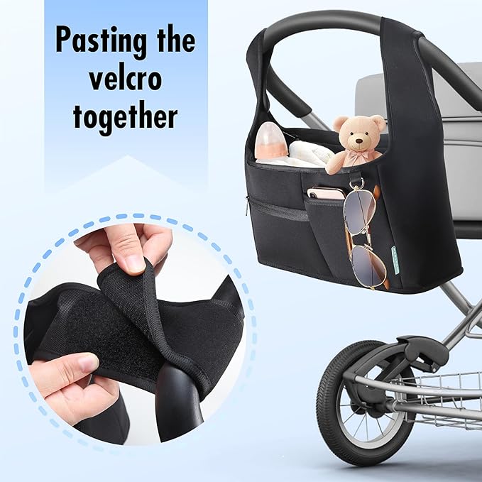 Stroller Organizer, New Fabric Design, Holds 2 Cup Holders for Baby Products, Multiple Pockets for Storing Diapers and Toys, Suitable for All Off-Road Models