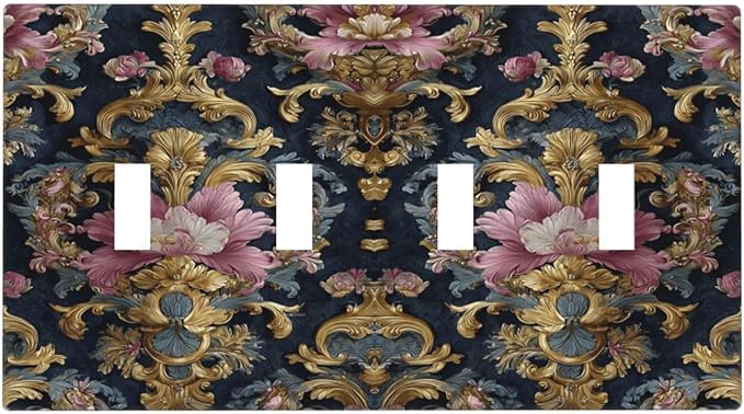 Decorative Light Switch Cover Plate Rococo Pink Floral Flower Gold Leaf 4 Gang Wall Plates for Electrical Outlets Quad Toggle Switch Plate Covers Outlet Covers Faceplate for Home Decor