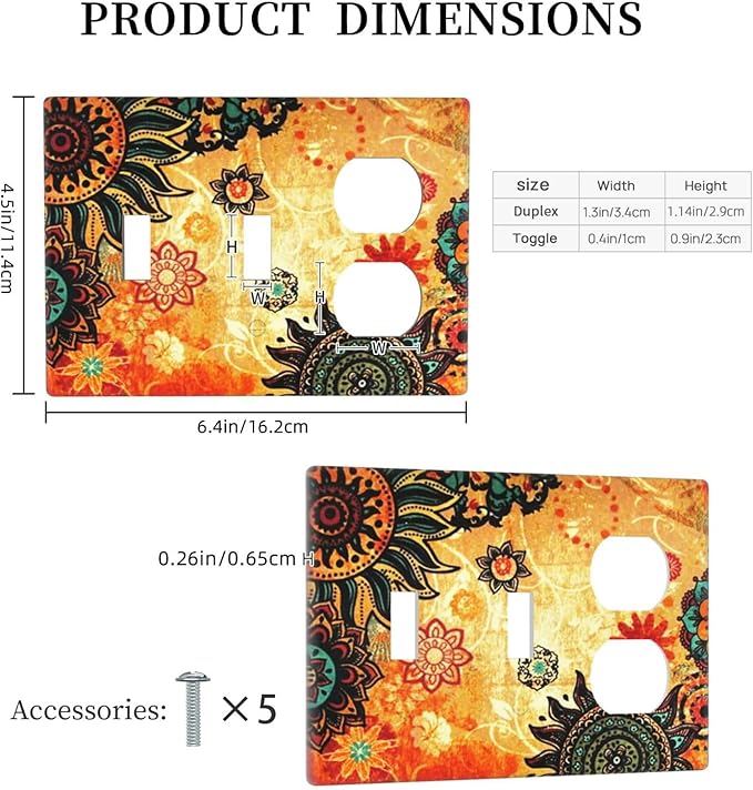 Red Orange Boho Bohemian Flower Floral 3-Gang 2-Toggle 1-Duplex Receptacle Combination Light Switch Decorative Triple Combo Device Switches/Rocker Outlet Covers and Wall Plate