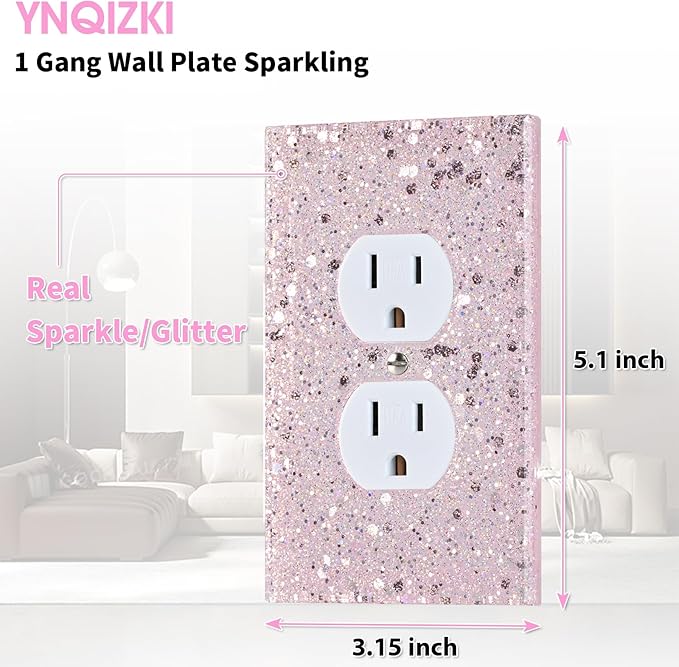 Pink Glitter Outlet Covers - Sparkling Wall Plate 5.1"x3.15", Home Decor, Single Duplex