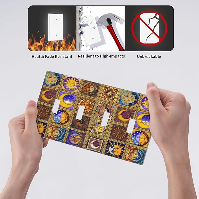Mexican Talavera Tiles Star Pattern Celestials Theme Print Light Switch Covers Quad Toggle Electrical Faceplate 4 Gang Wall Plate Decorative Switch Plates for Kitchen Home Decor