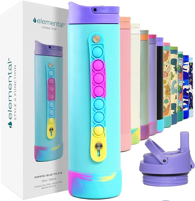 Elemental Iconic Water Bottle for School - 100% Leak-Proof Insulated Water Bottles with Straw Lid & Pop-It Handle - Triple-Wall Insulated & BPA-Free, 20oz – Blue Tie Dye
