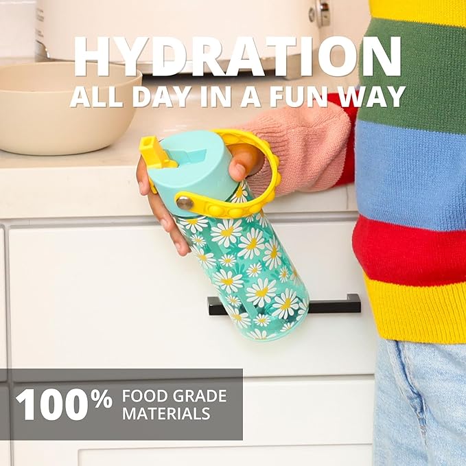 Elemental Water Bottles for Kids - Splash Kids Water Bottle for School with Pop-it Handle - BPA Free Tritan Plastic Water Bottle with Straw Leak Proof when Spout is Closed - Daisy Heart - 18oz