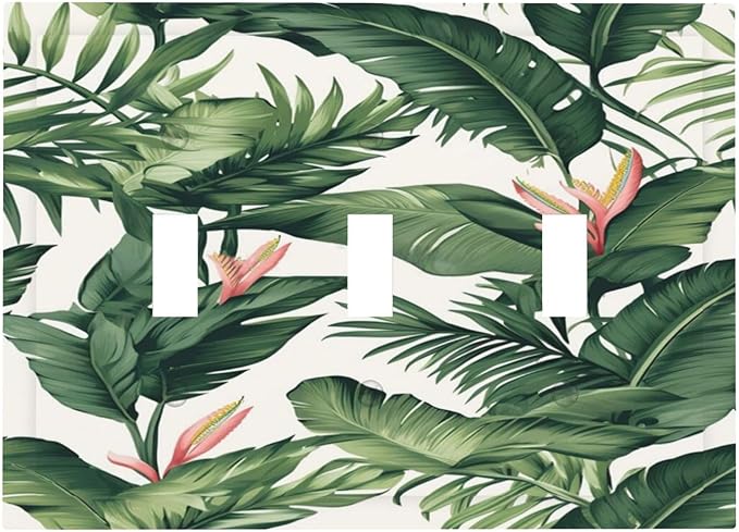 Tropical Leaf Jungle Botanical Palm Tree Greenery Floral Decorative Switch Plates 3 Gang Wall Plate Triple Toggle Light Switch Cover Faceplate Electrical Wall Panels for Bedroom Living Room Decor