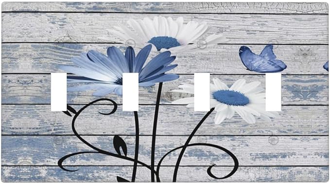 Blue White Daisy Flower Butterfly Rustic Wood Board Light Switch Covers Quad Toggle Electrical Faceplate 4 Gang Wall Plate Decorative Switch Plates Cover for Farmhouse Bedroom Decor