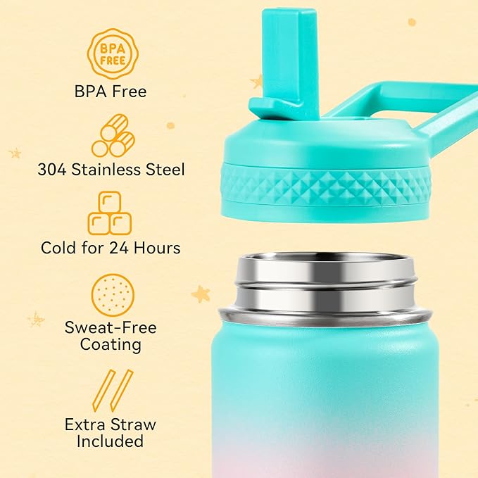 Fijinhom 12 oz Toddler Bottle, 2 Pack Kids Water Bottle for School Boys & Girls with Straws Lids, 304 Stainless Steel Vacuum Insulated Thermos, BPA-Free, Aurora + Sunrise