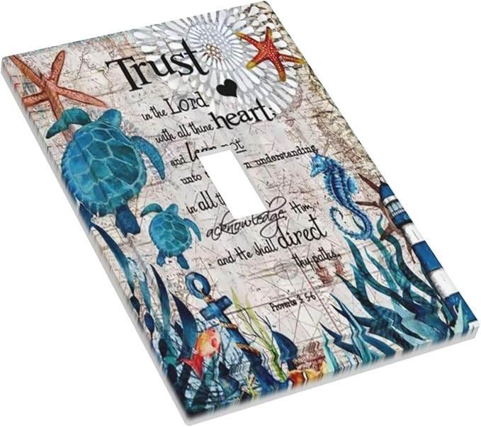Turqoise Teal Blue Anchor Seahorse Starfish Sea Ocean Turtle Nautical Map Beach Coral Lighthouse 1 Gang Single Toggle Outlet Light Switch Wall Plate Outlet Cover Decorative Dual Electrical Faceplate