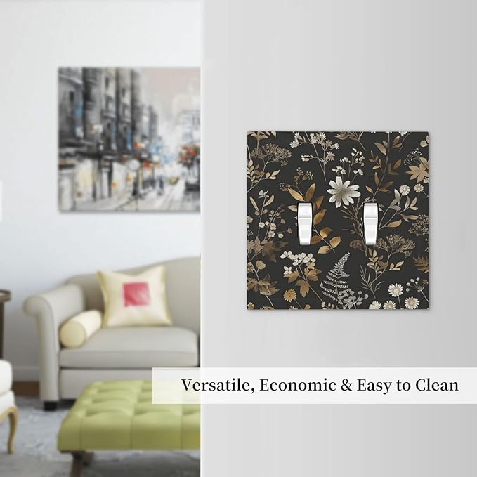Decorative Switch Plates Black Gold Floral Dark Leaves Vintage Flowers 2 Gang Double Toggle Outlet Light Switch Cover Wall Plate Electrical Faceplate for Bed Room Home Decor