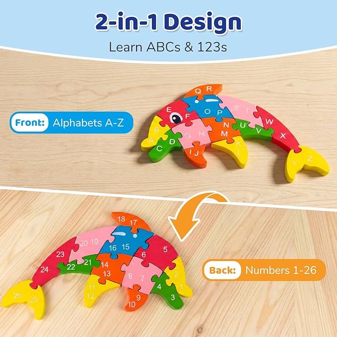 LovesTown Wooden Puzzles for Kids, Double Sided Dolphin Jigsaw with Alphabet & Numbers, Montessori Educational Toy for Toddlers, Chunky Animal Gift