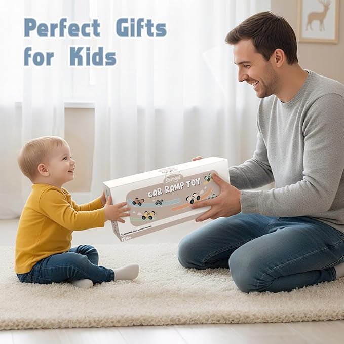 Joyreal Montessori Toddler Toys for 1 2 3 Year Old - 7 Level Wooden Car Ramp Racer Toys with 8 Mini Cars & 2 Garages - Christmas Birthday Gifts for 2 Year Old Boys and Girls
