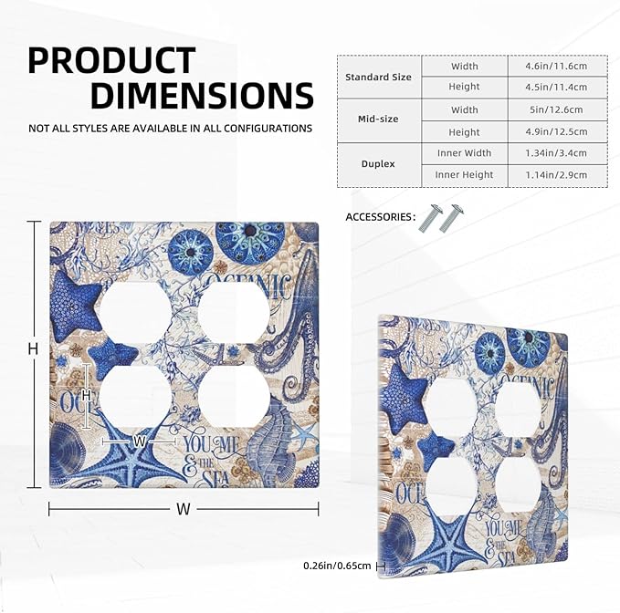Outlet Covers Vintage Sea Blue Seahorse Starfish Octopus 2 Gang Double Duplex Decorative Light Switch Covers Electrical Wallplates Socket Faceplate For Kids Room Home Decor