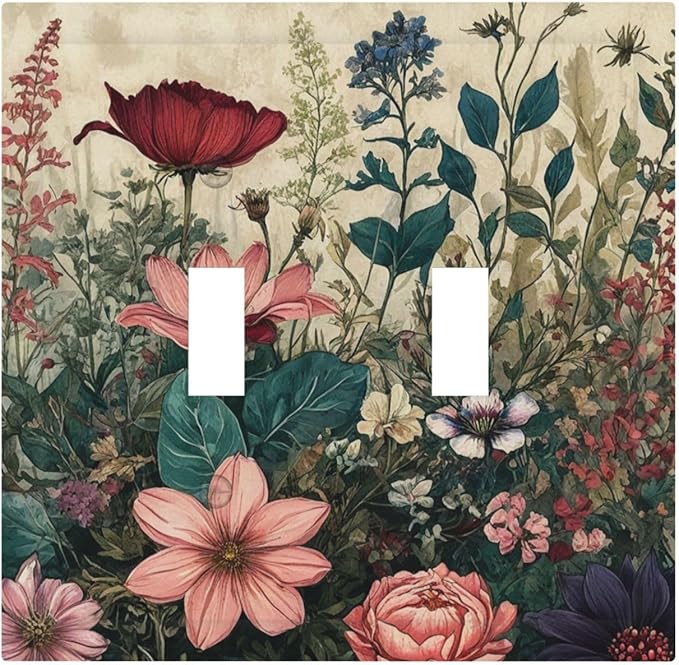 Decorative Light Switch Cover Rustic Wildflower Red Floral Green Plant 2 Gang Wall Plate Oversized Double Toggle Two Switch Dual Device Face Plate