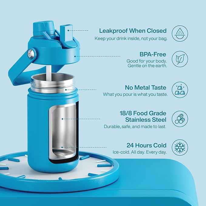 Kids Insulated Water Bottle with Straw - 12oz Stainless Steel Water Bottle with Dual Spouts, Leak-Proof, BPA-Free, Double Wall Vacuum Keeps Cold for 24 Hours for Sports, Travel, School (Azure Blue)