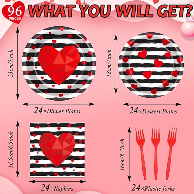 Wiooffen 96 Pcs Valentine's Day Party Plates Napkins Tableware Set Valentines Red Love Heart Stripe Supplies Disposable Dinnerware Valentine's Day Decoration Favors for Wedding 24 Guests