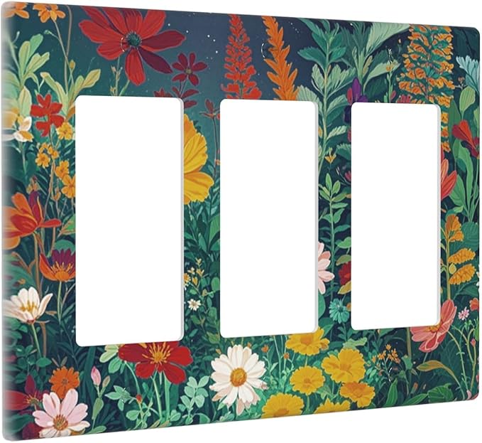Decorative Light Switch Plate with Wildflowers & Stars Botanical Floral Art Design 3 Gang Outlet Covers Triple Rocker Wall Plate Switch Plate Cover for Garden Theme Wall Decor