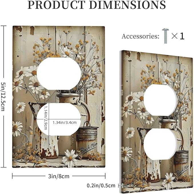 Rustic Flowers Daisy Floral White Wooden Planks Outlet Covers 1 Gang Duplex Light Switch Cover Decorative Switch Plates Electrical Receptacle Faceplate Wall Plate for Farmhouse Home Decor
