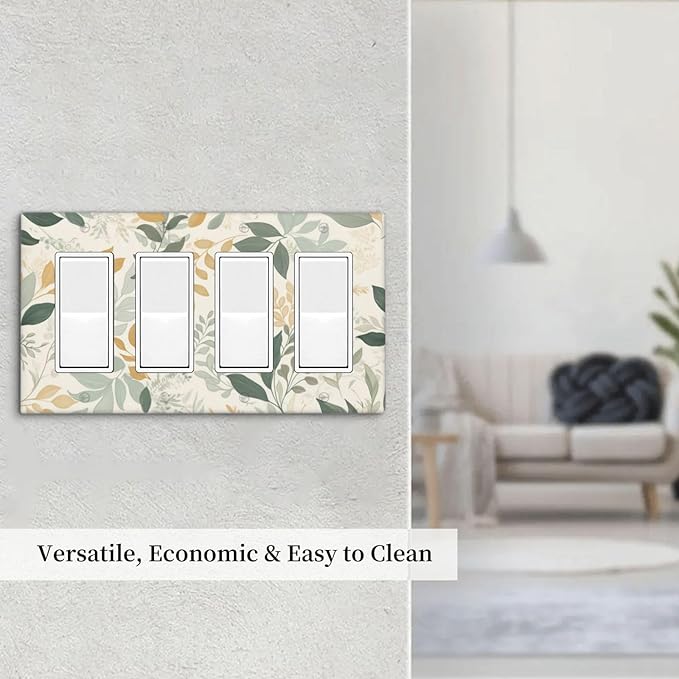 Boho Watercolor Leaves 4 Gang Light Switch Cover Plate Watercolor Green Botanical Quad Rocker Outlet Covers Switchplates Decorative Electrical Faceplate for Bedroom Kitchen Living Room Decor
