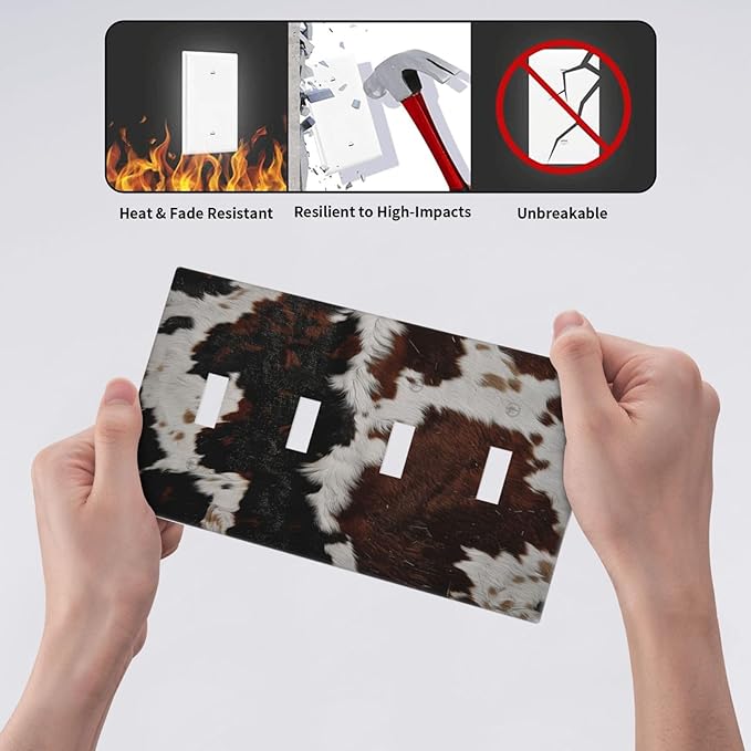Cowhide Print Abstract Animal Fur Rustic Light Switch Covers Quad Toggle Electrical Faceplate 4 Gang Wall Plate Decorative Switch Plates Cover for Farmhouse Home Decor
