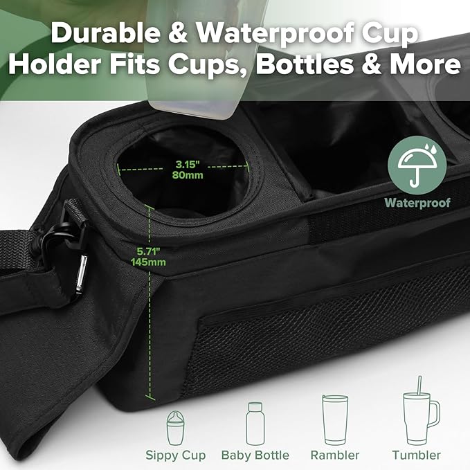 haakaa Stroll & Go Organiser - 2 Cup Holders - Black, Ultimate Stroller Organizer Universal Fit with Adjustable Non-Slip Straps & Hooks, Stroller Caddy Accessories with Shoulder Strap