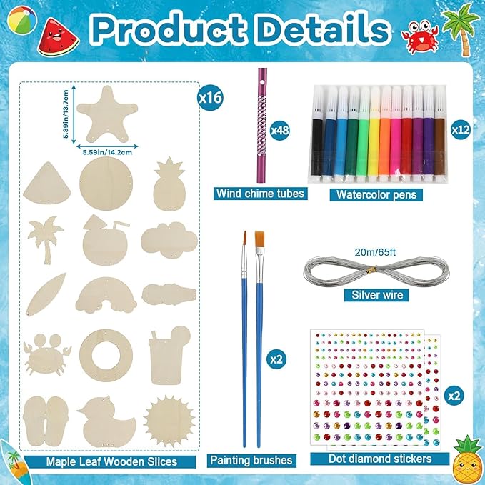 gisgfim 16 Pack Beach Wind Chime Crafts Kits for Kids Make Your Own Luau Hawaii Beach Fruit Wind Chime Wooden DIY Arts and Crafts for Summer Party School Classroom Decoration Supplies Birthday Favors