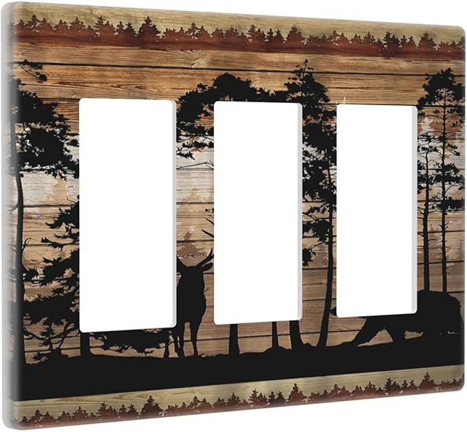 Brown Mountain Hunting Forest Woodland Deer Bear 3 Gang Triple Rocker/Decorator Light Switch Cover Lodge Cottage Jungle Decorative Gfci Wall Plate Outlet Cover Electrical Faceplate Switchplate