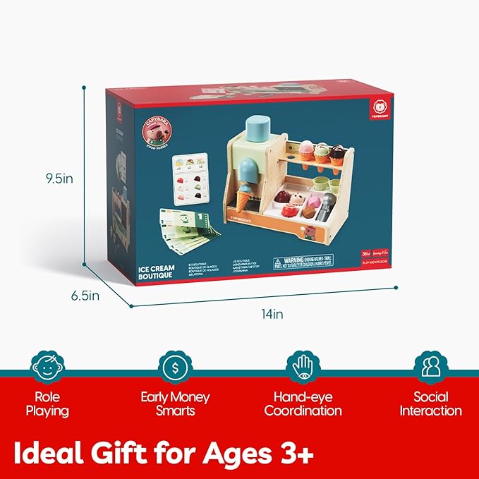 TOP BRIGHT Wooden Ice Cream Pretend Play Toys, Play Kitchen Set for Kids with Ice Cream Counter & Scoop & Menu, Montessori Toys for Boys Girls Capybara Gift Age 3+