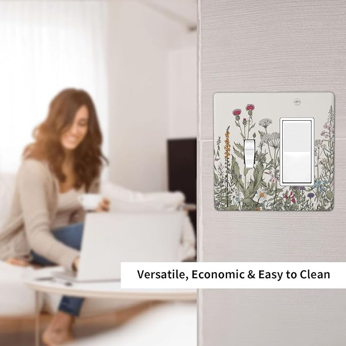 Vintage Colorful Wild Flower Floral 2 Gang Single Toggle/Rocker Combination Light Switch Cover Decorative Wall Plate Cover Electrical Faceplate Art Decor