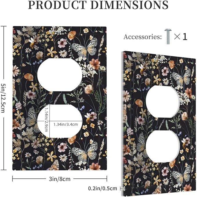 Vintage Flower Leaves 1 Gang Outlet Plate Duplex Decorative Dark Backgrounds Art Outlet Covers Butterfly Electrical Receptacle Lightswitch Faceplate Cute Bees Dimmer Decor for Bedroom Kitchen