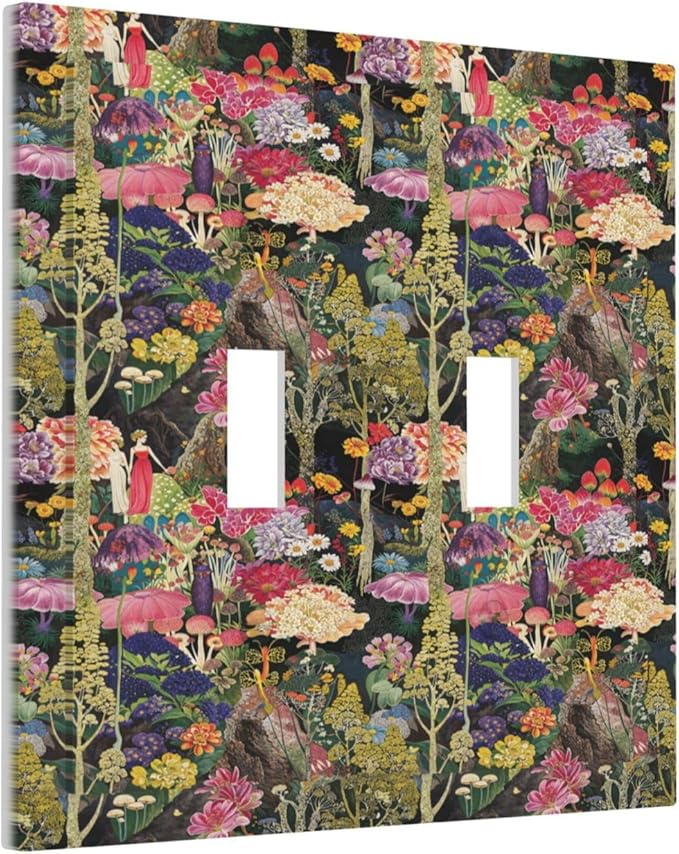 Dreamy Tropical Rainforest Colorful Mushroom Wildflower Decorative Switch Plates 2 Gang Double Toggle Outlet Light Switch Cover Wall Plate Electrical Faceplate for Farmhouse Kids Room Decor