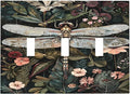 Vintage Dark Green Dragonfly Flowers Floral Botanical Decorative Switch Plates 3 Gang Wall Plate Triple Toggle Light Switch Cover Faceplate Electrical Wall Panels for Farmhouse Home Decor