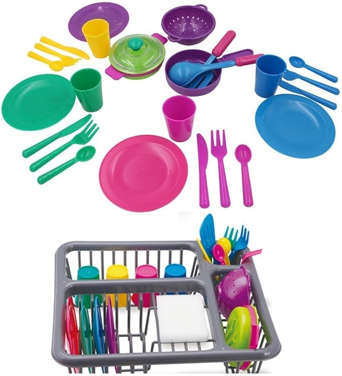 28 PCS Kids Pretend Play Dishes Kitchen Playset - Wash and Dry Dish Rack Toy with Drainer, Kitchen Tableware Sets for Toddlers