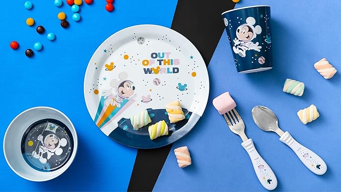 Zak Designs Disney Mickey Mouse Kids Dinnerware Set Includes Plate, Bowl, Tumbler and Utensil Tableware, Made of Non-BPA Durable Material and Perfect for Kids (5 Piece Set, Space, Non-BPA)