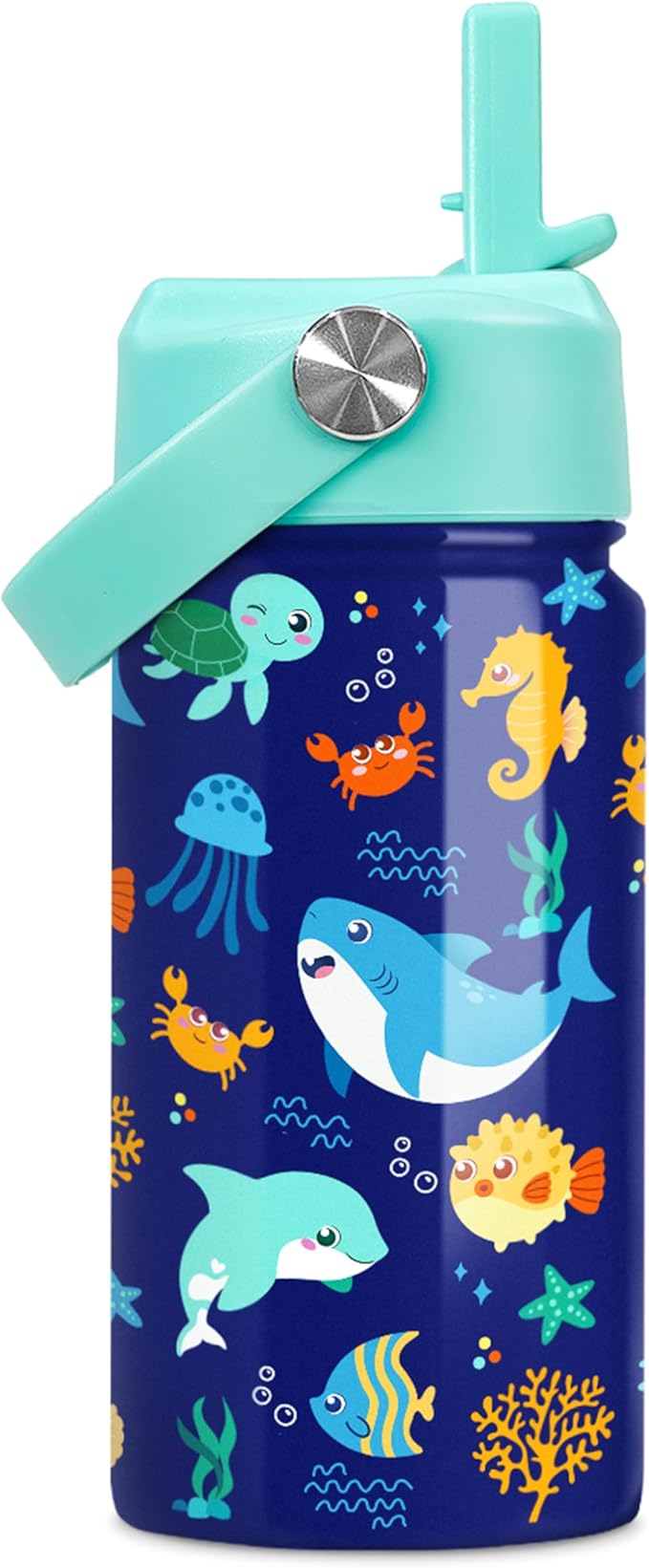 Kids Water Bottle with Straw Lid - 12 Oz Insulated Stainless Steel Ocean Water Bottles for Kid Boys Girls - Travel Cup for School Sports