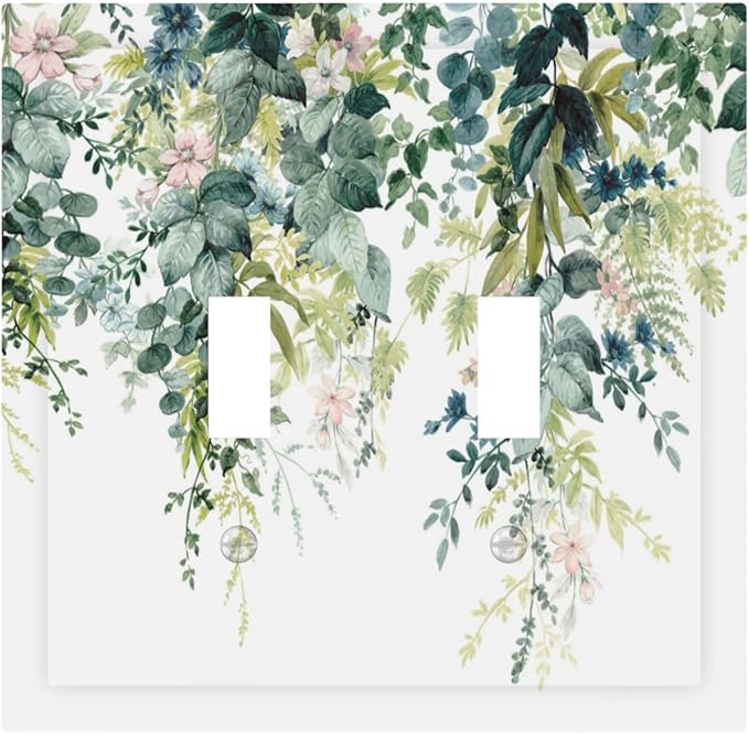 Colorful Plant Flower Sage Eucalyptus Leaves Decorative Switch Plates 2 Gang Double Toggle Outlet Light Switch Cover Wall Plate Electrical Faceplate for Bedroom Living Room Decor