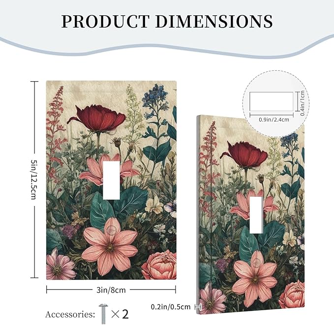Decorative Light Switch Cover Plate Rustic Wildflower Red Floral Green Plant 1 Gang Wall Plate Oversized Single Toggle Wall Cover Plate Jumbo Electrical Switchplate Face Plate