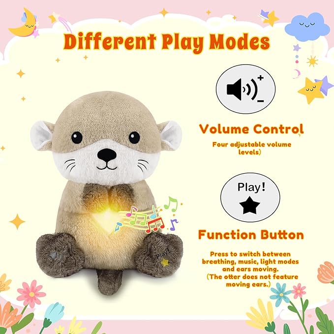 BRICHOEE Breathing Stuffed Animal, Soothing Otter Stuffed Animal with Breathing Motion, Calming Sound and Light for Baby Sleep Companion Portable Plush Toy Gifts for Kids Adults Newborns